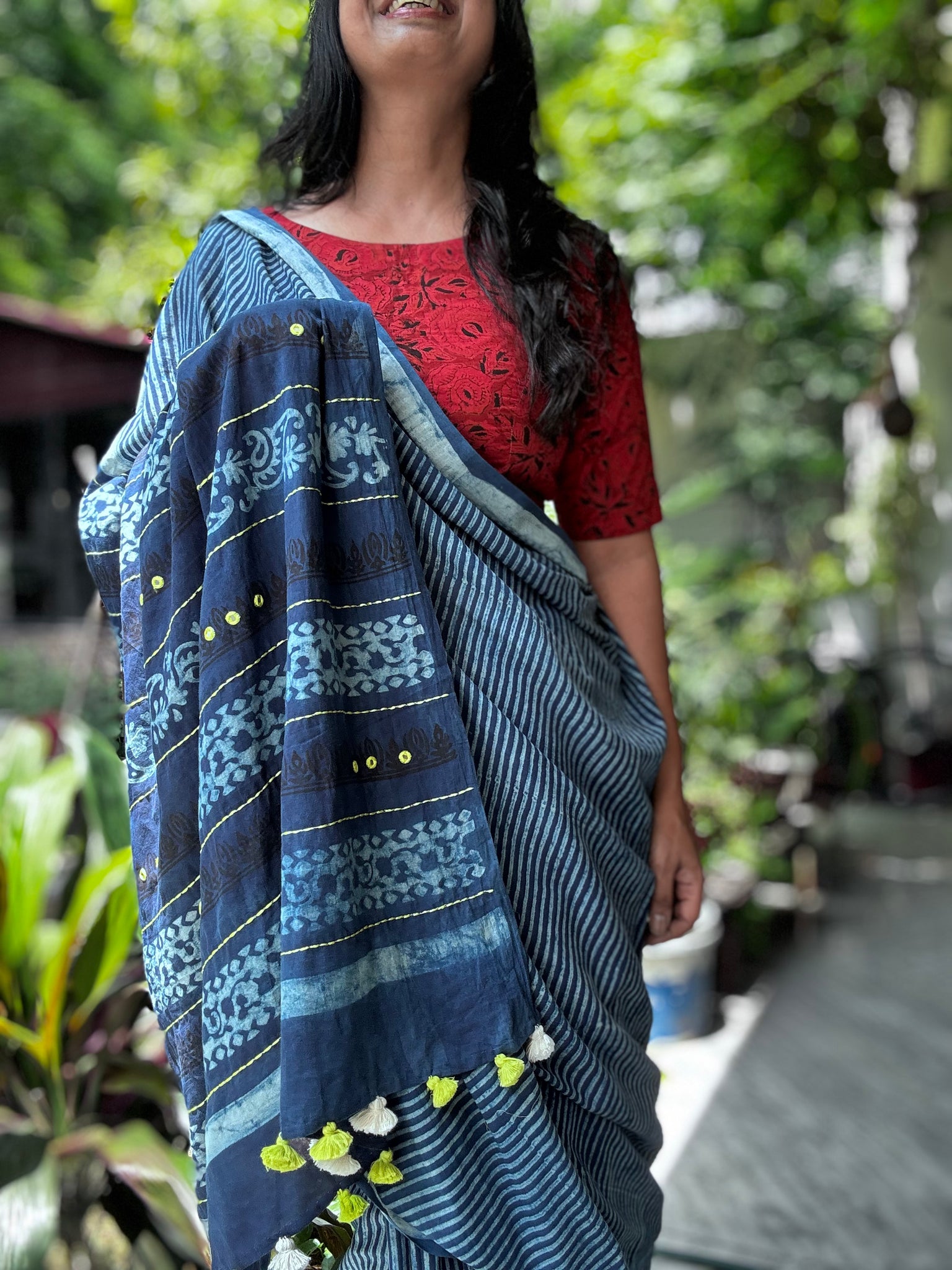 Embroidered Pallu hand block printed cotton saree
