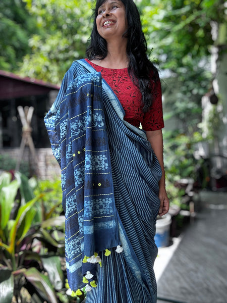 Embroidered Pallu hand block printed cotton saree