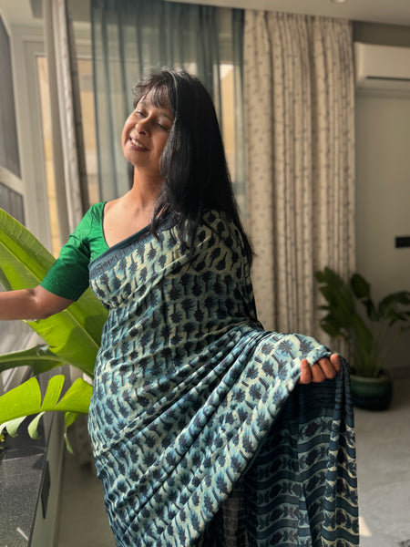 Pratigya - Modal Silk Vanaspati handblock printed saree