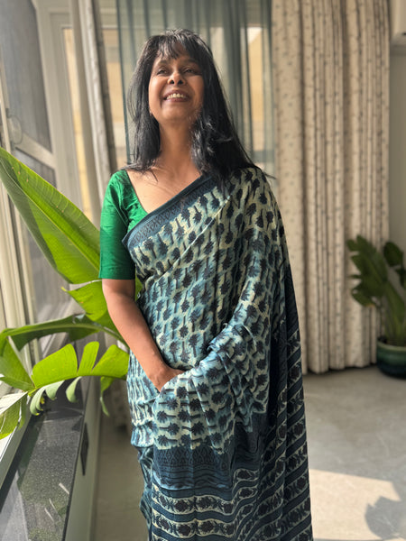 Pratigya - Modal Silk Vanaspati handblock printed saree