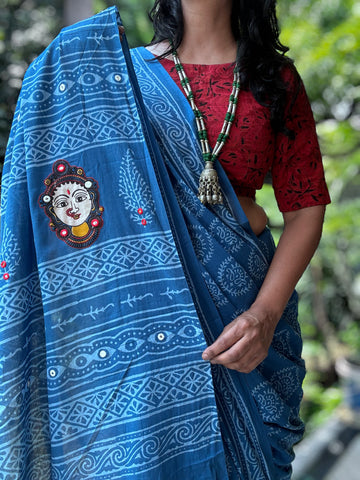 Embroidered pallu hand block printed cotton saree