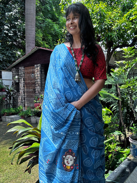 Embroidered pallu hand block printed cotton saree