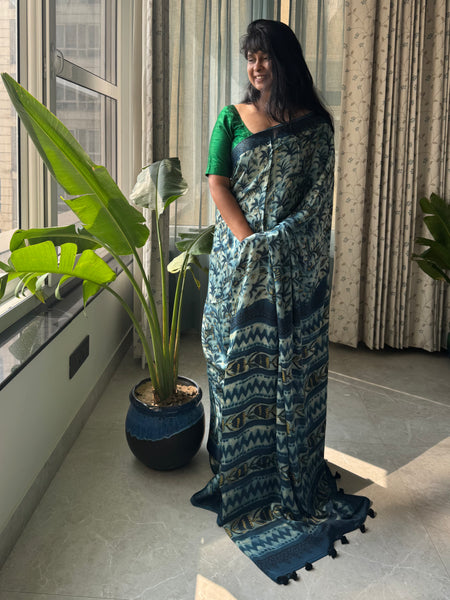 Charulata - Modal Silk Vanaspati handblock printed saree
