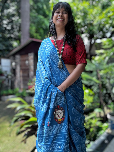 Embroidered pallu hand block printed cotton saree