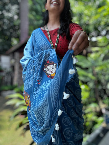 Embroidered pallu hand block printed cotton saree
