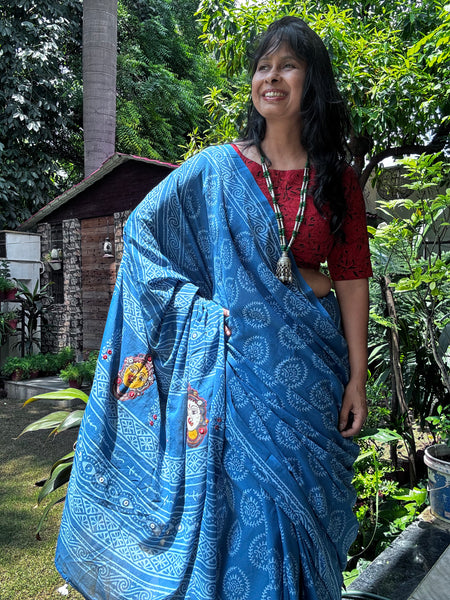 Embroidered pallu hand block printed cotton saree