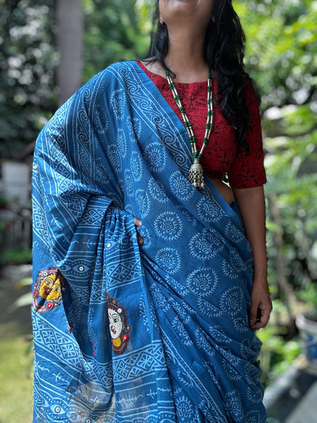 Embroidered pallu hand block printed cotton saree