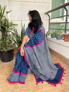 Indigo cotton hand block printed saree with Embroidery