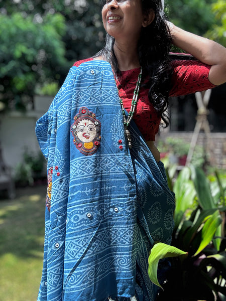 Embroidered pallu hand block printed cotton saree