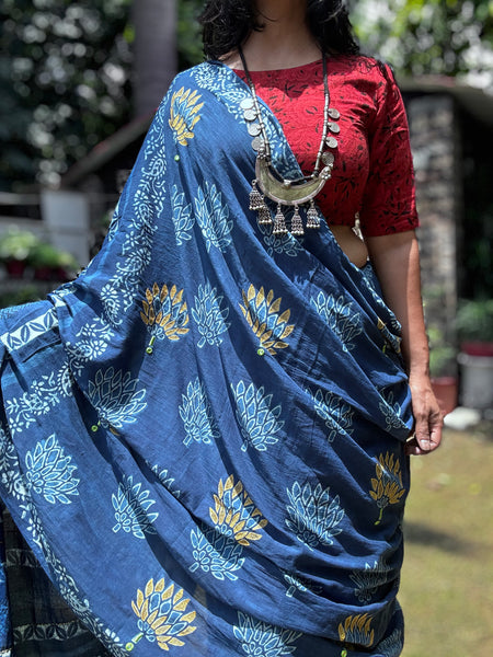 Embroidered pallu and front hand block printed cotton saree