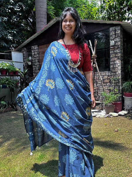 Embroidered pallu and front hand block printed cotton saree