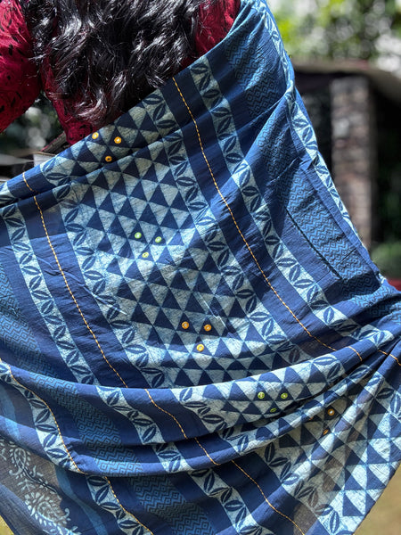 Embroidered pallu and front hand block printed cotton saree