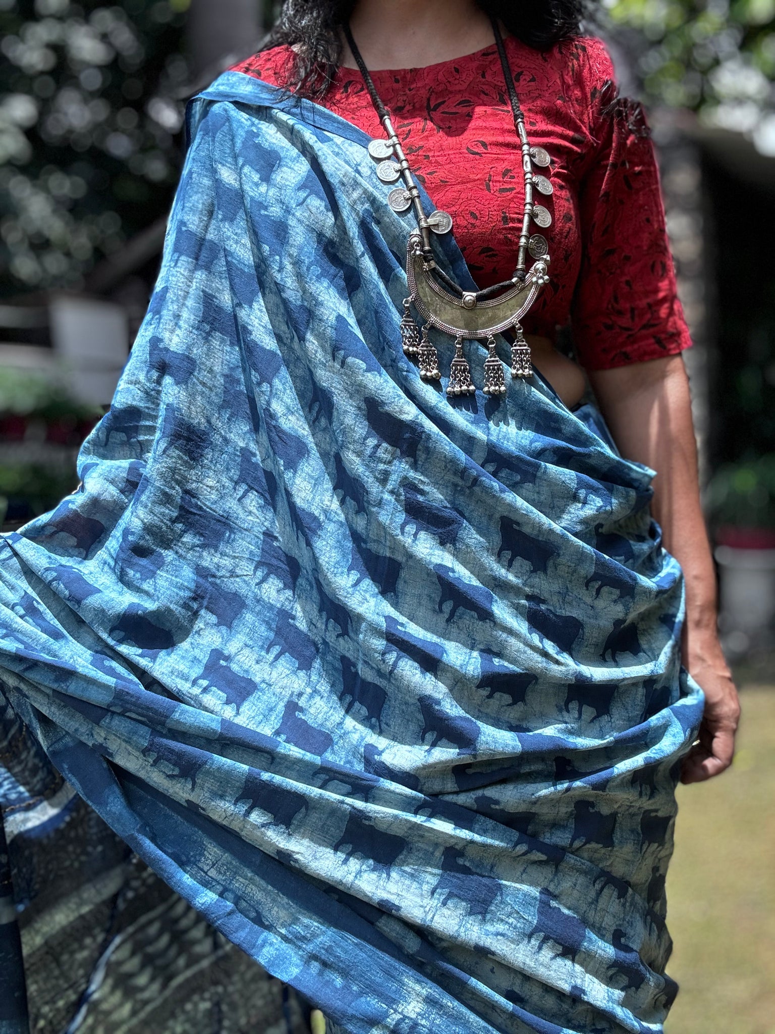 Embroidered pallu hand block printed cotton saree