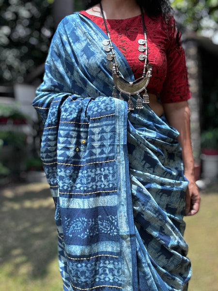 Embroidered pallu hand block printed cotton saree