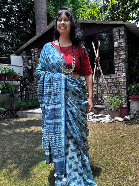 Embroidered pallu hand block printed cotton saree