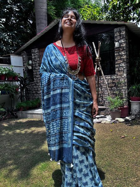 Embroidered pallu hand block printed cotton saree