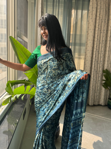 Charulata - Modal Silk Vanaspati handblock printed saree