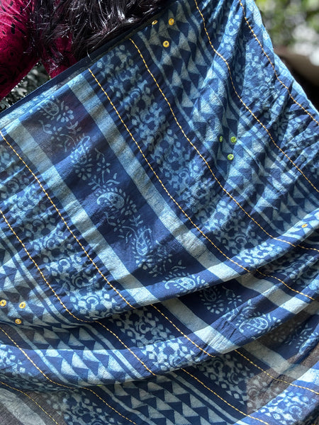 Embroidered pallu hand block printed cotton saree