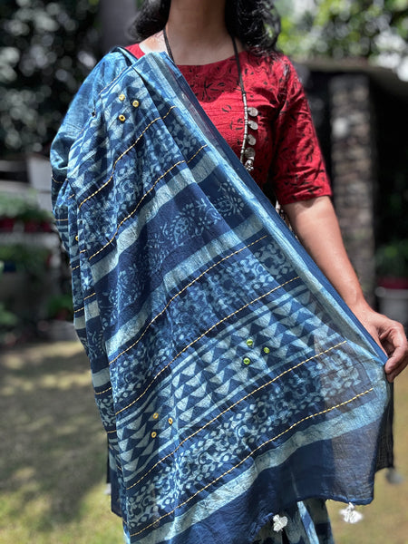 Embroidered pallu hand block printed cotton saree