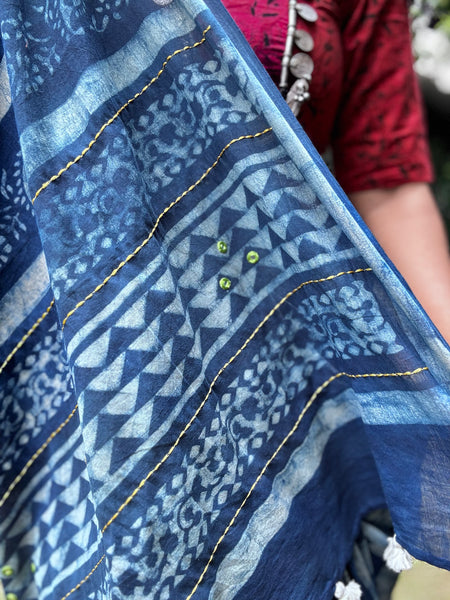 Embroidered pallu hand block printed cotton saree