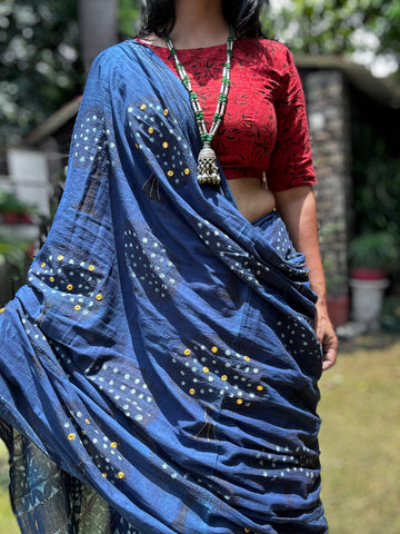Embroidered pallu and front hand block printed cotton saree