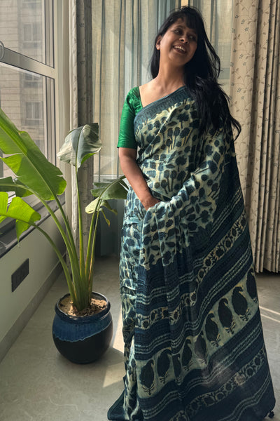 Vasundhra - Modal Silk Vanaspati handblock printed saree