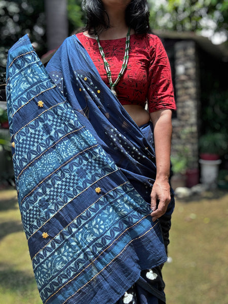 Embroidered pallu and front hand block printed cotton saree