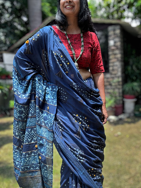 Embroidered pallu and front hand block printed cotton saree