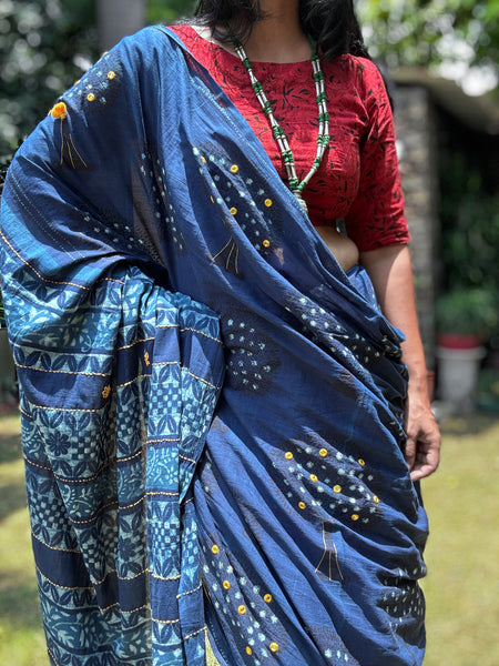 Embroidered pallu and front hand block printed cotton saree