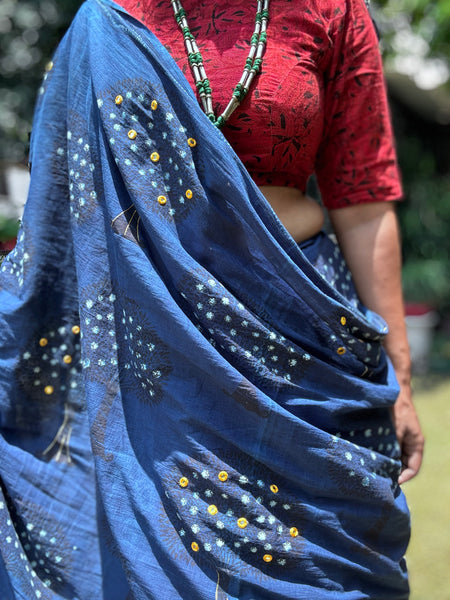 Embroidered pallu and front hand block printed cotton saree
