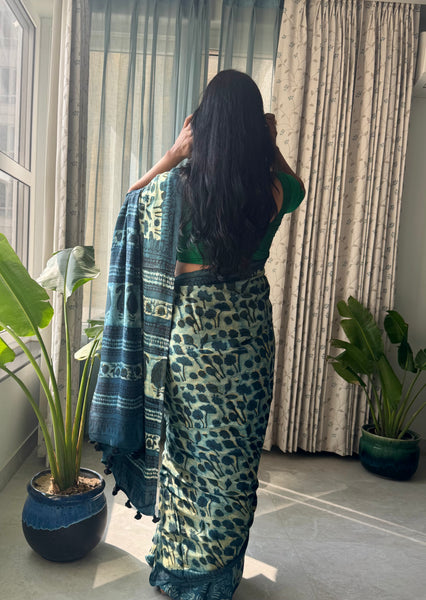 Vasundhra - Modal Silk Vanaspati handblock printed saree