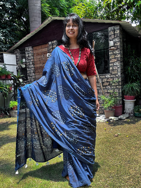 Embroidered pallu and front hand block printed cotton saree
