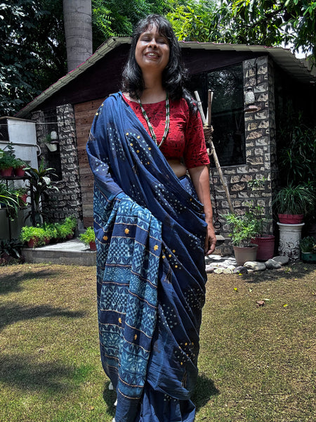 Embroidered pallu and front hand block printed cotton saree