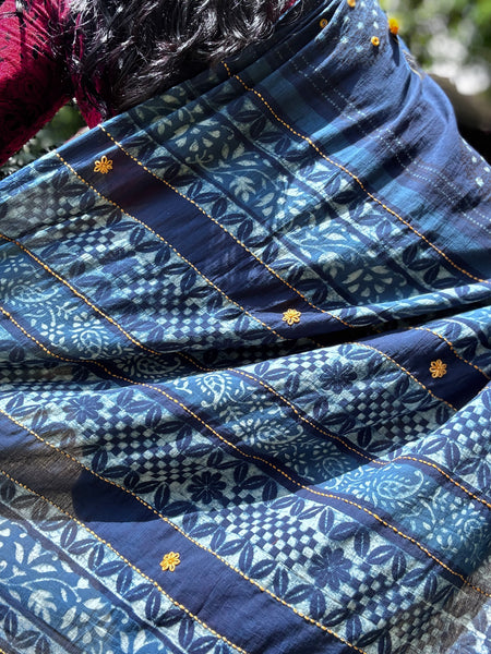 Embroidered pallu and front hand block printed cotton saree