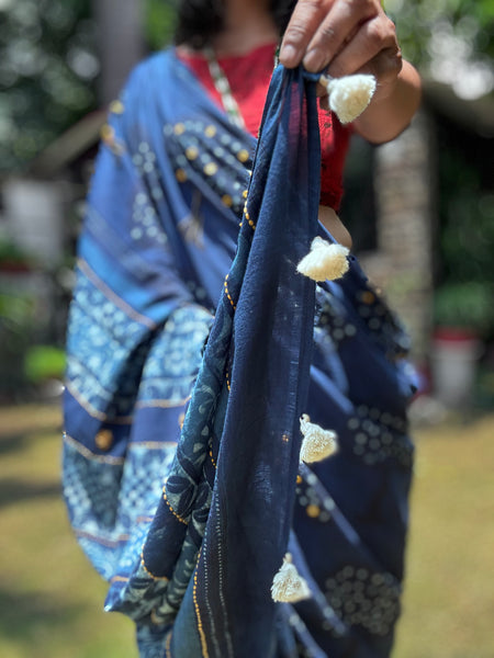 Embroidered pallu and front hand block printed cotton saree