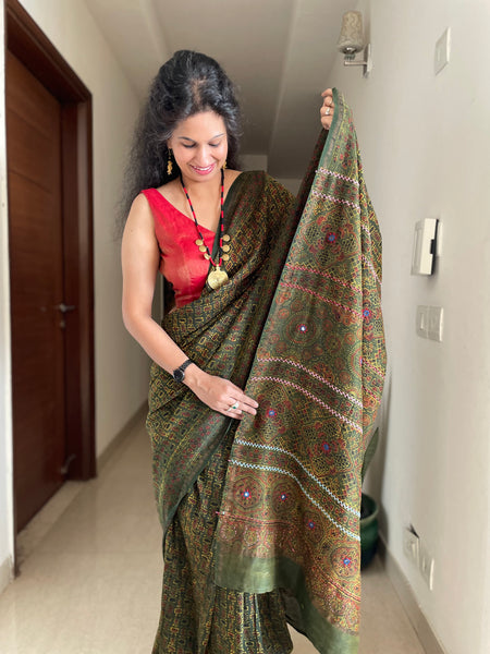 Ajrakh naturally dyed cotton silk saree with hand embroidery