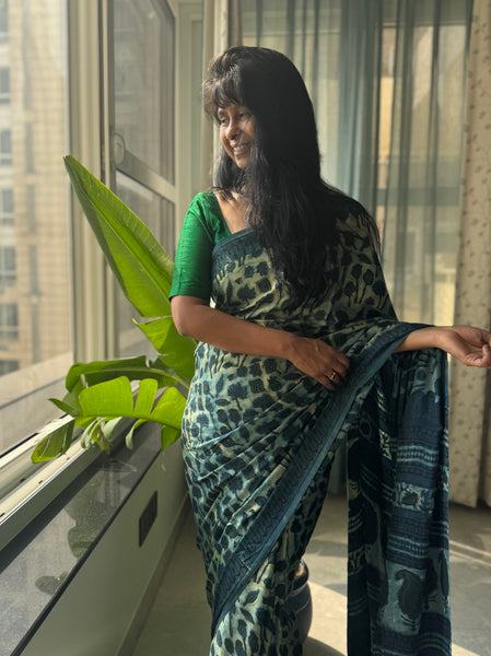 Vasundhra - Modal Silk Vanaspati handblock printed saree