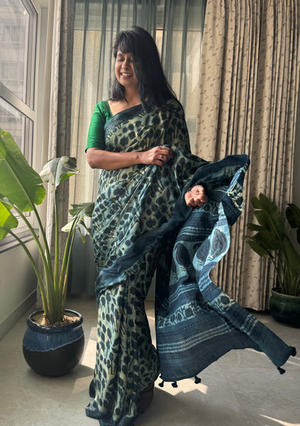 Vasundhra - Modal Silk Vanaspati handblock printed saree