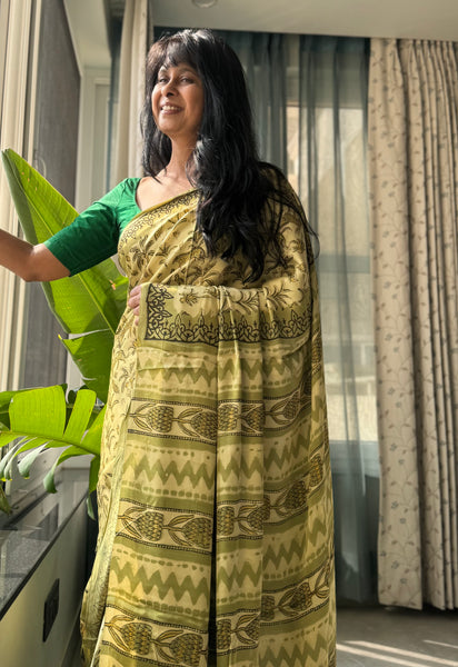 Namrata - Modal Silk Vanaspati handblock printed saree