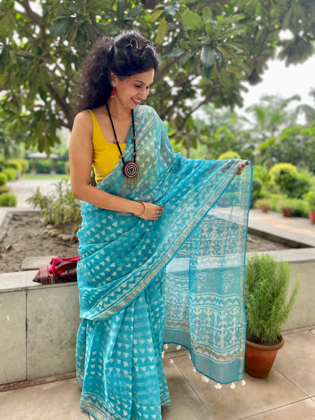 Blue shade soft kota doria cotton saree with zari border