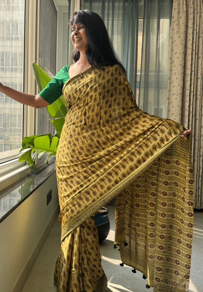 Zooni - Modal Silk Vanaspati handblock printed saree