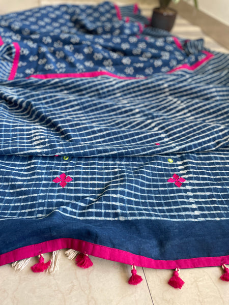 Indigo cotton hand block printed saree with Embroidery