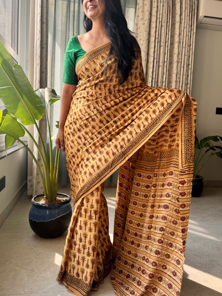 Raamya - Modal Silk Vanaspati handblock printed saree