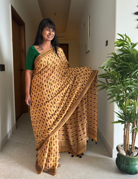 Raamya - Modal Silk Vanaspati handblock printed saree