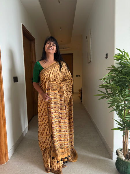 Raamya - Modal Silk Vanaspati handblock printed saree