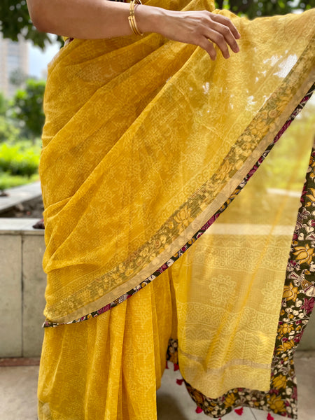 Haldi color kota doria cotton saree with patchwork details