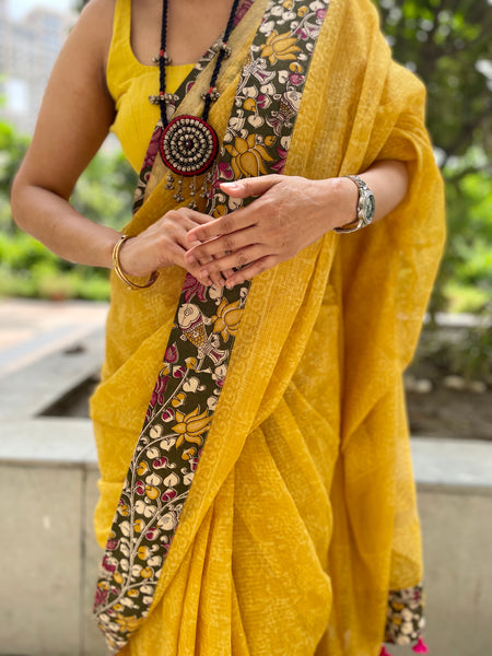 Haldi color kota doria cotton saree with patchwork details