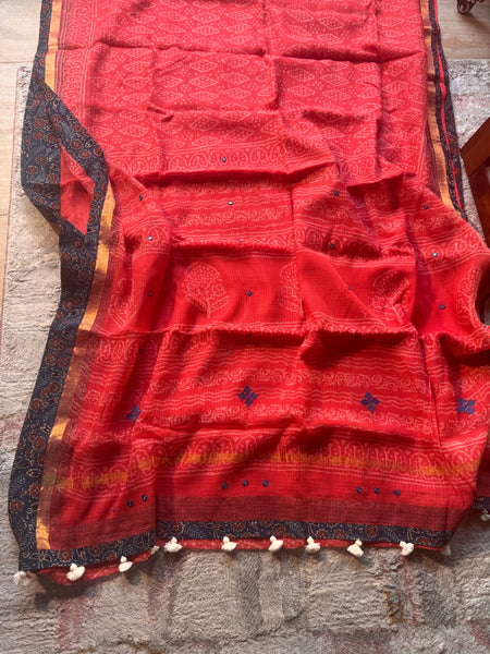 Best Seller - Embroidered pallu & inner side patchwork border- kota doria saree