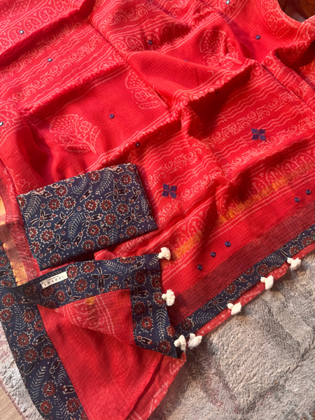 Best Seller - Embroidered pallu & inner side patchwork border- kota doria saree