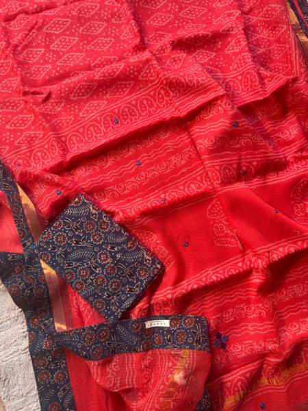 Best Seller - Embroidered pallu & inner side patchwork border- kota doria saree